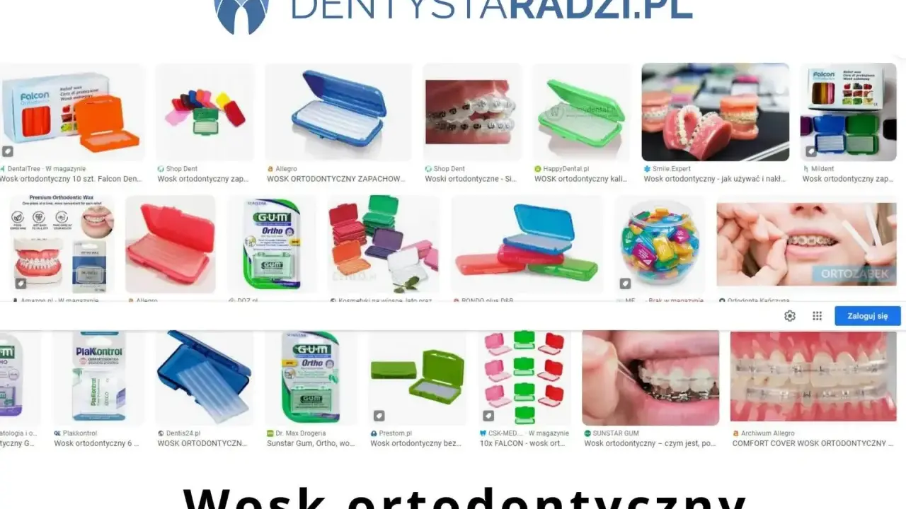 Wosk na aparat ortodontyczny w różnych opakowaniach, kolorach i markach, np. GUM, Falcon. Pomaga chronić jamę ustną przed otarciami.