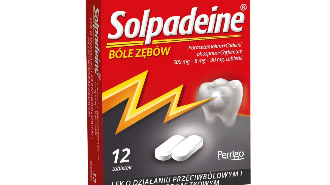 Opakowanie leku Solpadeine na bóle zębów. Zawiera 12 tabletek.
