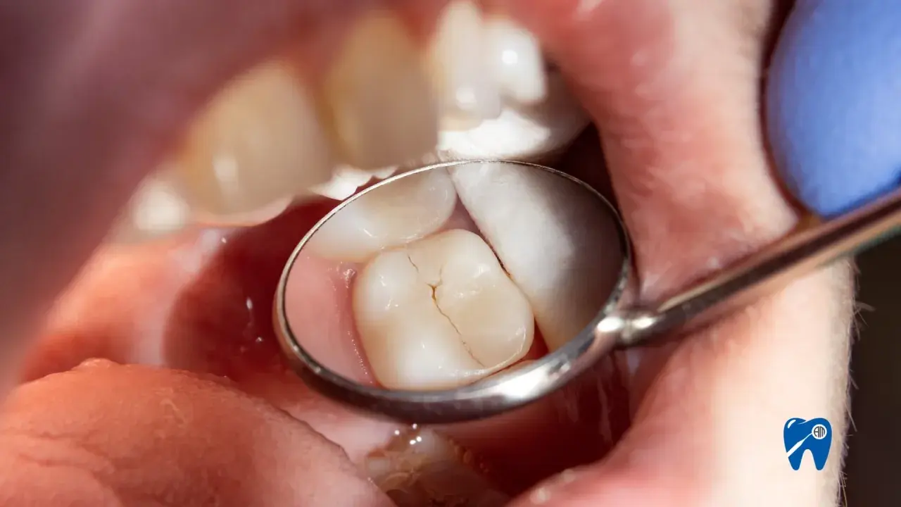Widok z lusterka dentystycznego na ząb z pękniętą, nieszczelną plombą, która wymaga uwagi.