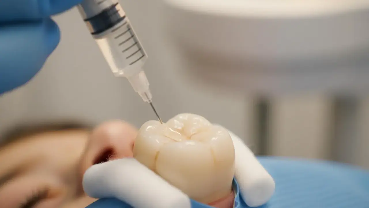 Dentysta aplikuje płyn na ząb. Czy lakowanie zębów jest szkodliwe? Nie, to profilaktyka próchnicy.
