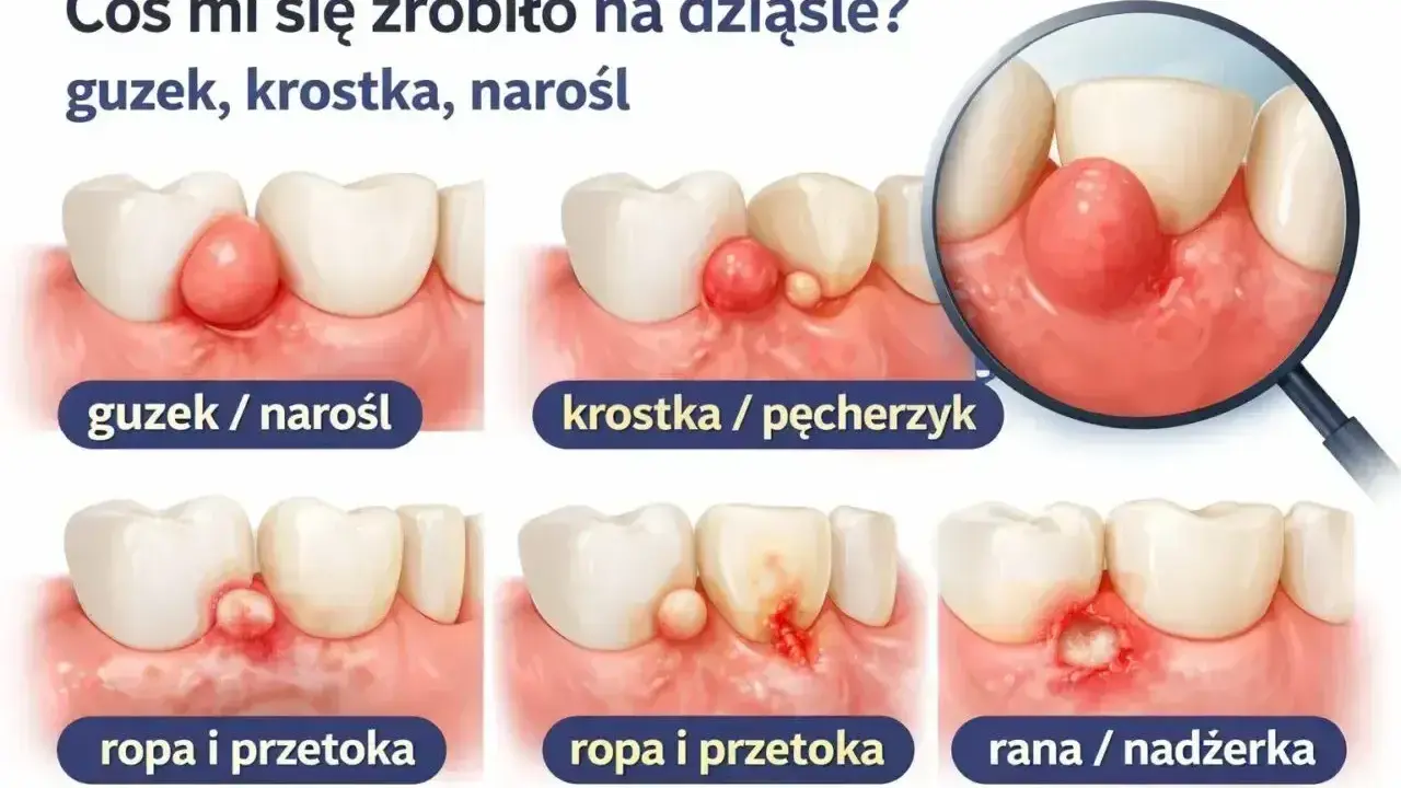 Ilustracja pokazuje różne zmiany na dziąśle: guzek, krostkę, ropę i przetokę, a także ranę. Próchnica przy dziąśle może objawiać się w różny sposób.