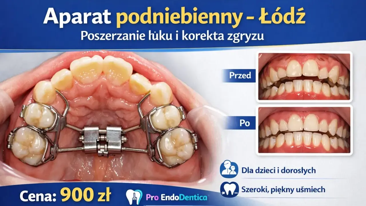 Aparat podniebienny, czyli aparat Hassa, poszerza łuk zębowy. Zdjęcia pokazują efekt przed i po leczeniu.