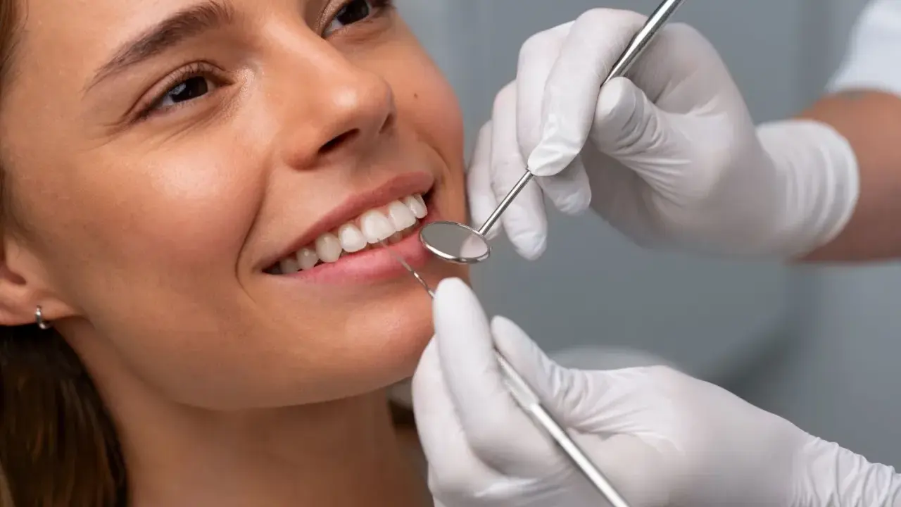 Uśmiechnięta kobieta u dentysty. Czy bonding niszczy zęby? Specjalista bada uzębienie pacjentki.