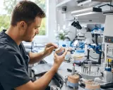 Precyzyjny **technik dentystyczny** pracuje nad modelem szczęki, tworząc idealny uśmiech.