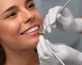 Uśmiechnięta kobieta u dentysty. Czy bonding niszczy zęby? Specjalista bada uzębienie pacjentki.
