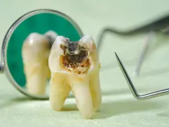 Zepsuty ząb z widocznymi dziurami w zębach, odbity w lusterku dentystycznym, obok narzędzi stomatologicznych.