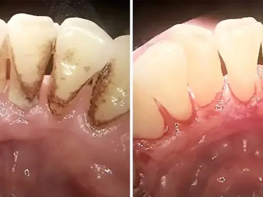 Przed i po leczeniu: zęby z kamieniem i zapalenie przyzębia, kieszonki dziąsłowe, a następnie zdrowe dziąsła i czyste zęby.