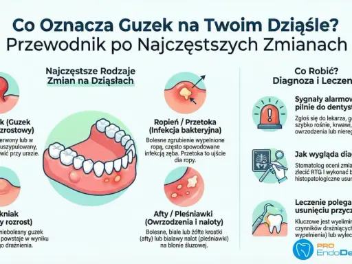 Ilustracja przedstawia ropień, czyli przetokę na dziąśle, jako bolesne zgrubienie z ropą, często spowodowane infekcją zęba.