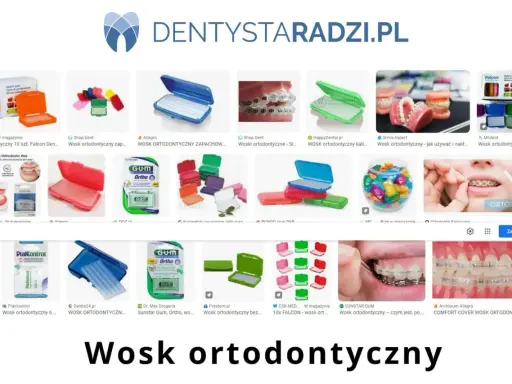 Wosk na aparat ortodontyczny w różnych opakowaniach, kolorach i markach, np. GUM, Falcon. Pomaga chronić jamę ustną przed otarciami.