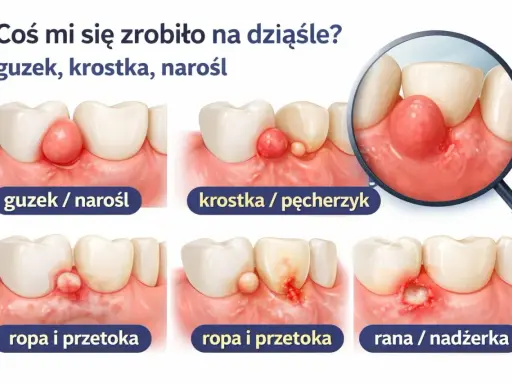 Ilustracja pokazuje różne zmiany na dziąśle: guzek, krostkę, ropień i ranę. Włókniak na dziąśle może przybierać różne formy.