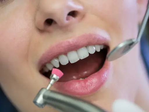 Profesjonalne usuwanie kamienia nazębnego. Dentysta poleruje zęby pacjentki małą, różową szczoteczką.