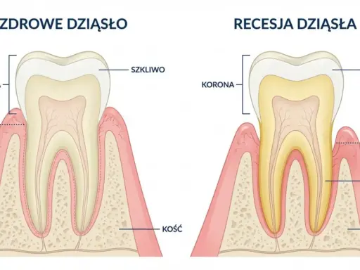 Zdrowe dziąsło vs. recesja dziąsła. Ilustracja pokazuje odsłonięty korzeń zęba, co jest oznaką problemów z dziąsłami.