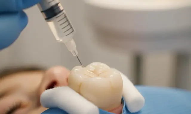 Dentysta aplikuje płyn na ząb. Czy lakowanie zębów jest szkodliwe? Nie, to profilaktyka próchnicy.