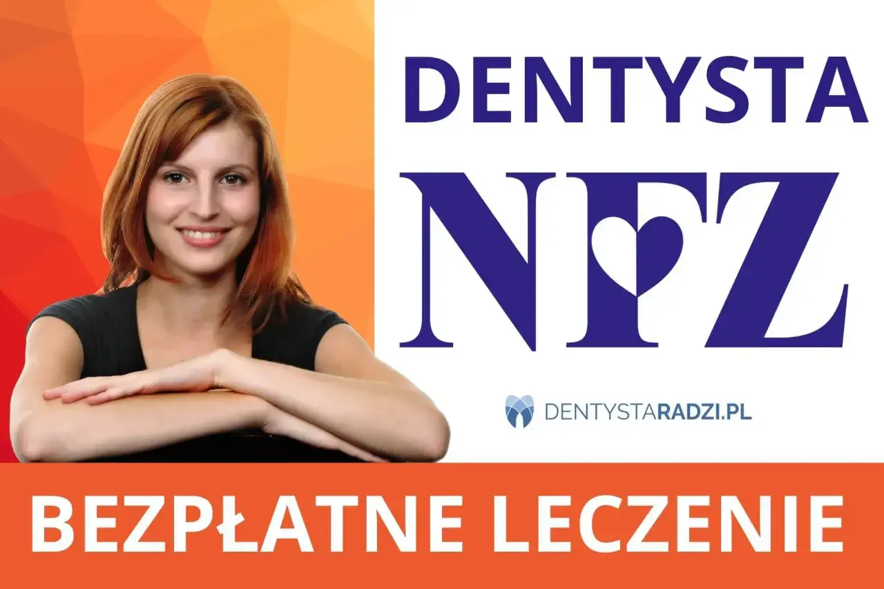 Uśmiechnięta kobieta obok logo "DENTYSTA NFZ". Bezpłatne leczenie, w tym plomba na NFZ.