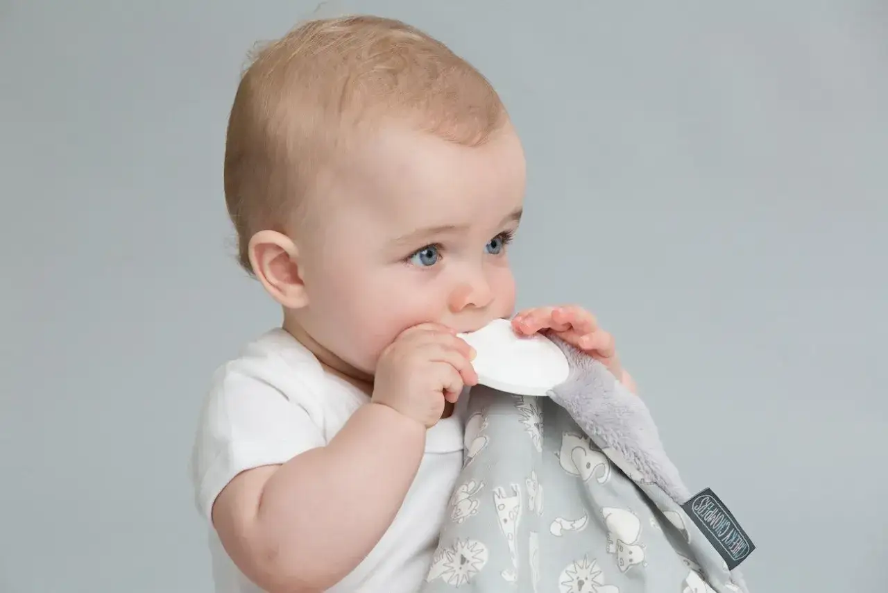 Niebieskooki maluch z ulgą gryzie gryzak, łagodząc ząbkowanie. Miękka przytulanka z motywem zwierzątek towarzyszy mu w tym trudnym okresie.