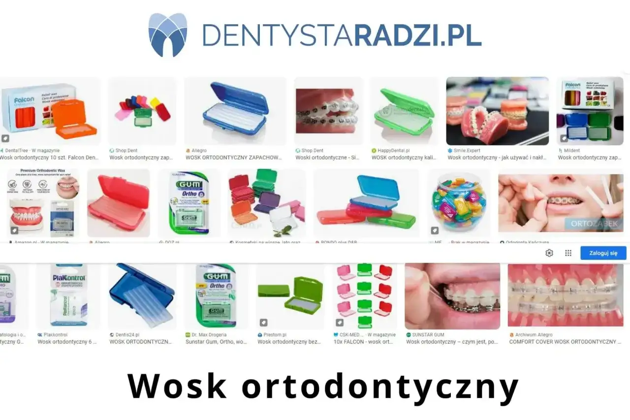 Wosk na aparat ortodontyczny w różnych opakowaniach, kolorach i markach, np. GUM, Falcon. Pomaga chronić jamę ustną przed otarciami.