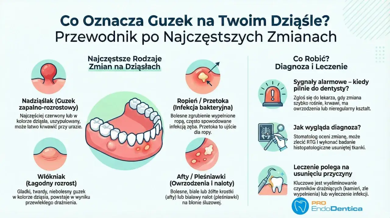 Ilustracja pokazuje różne rodzaje zmian na dziąsłach, w tym nadziąślaka, który jest guzem zapalno-rozrostowym.