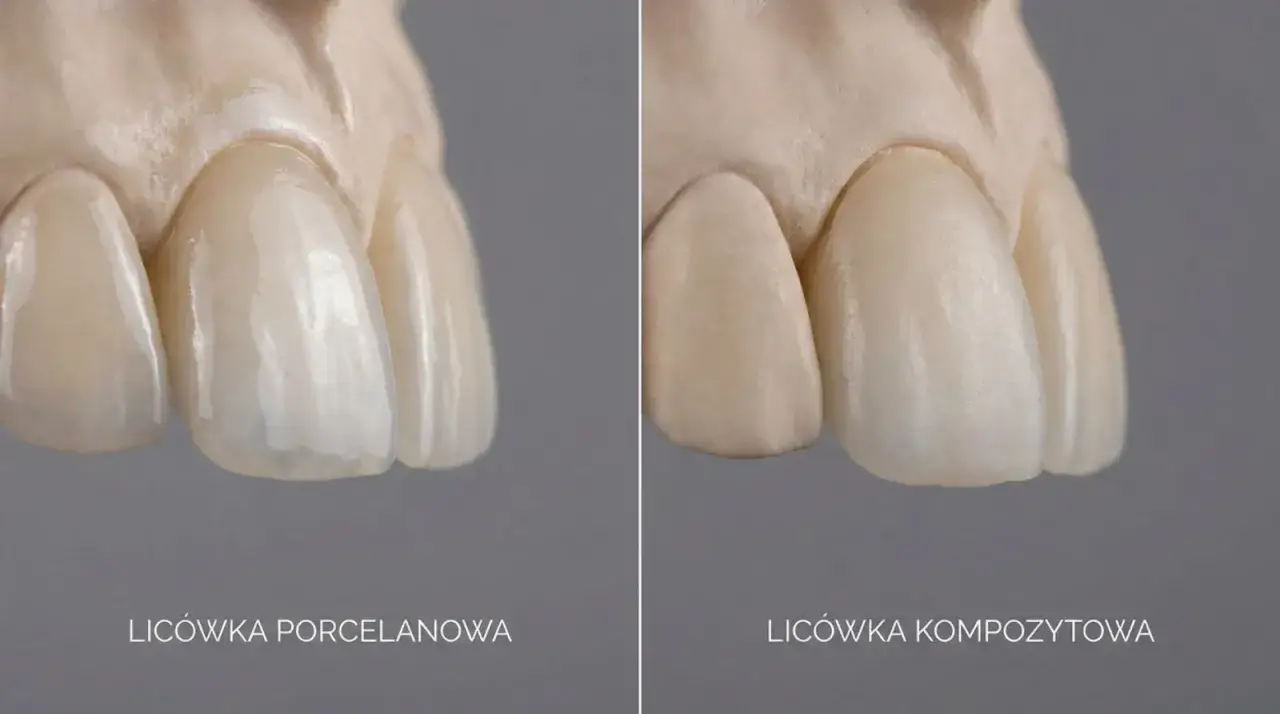 Porównanie licówek porcelanowych i kompozytowych na modelach zębów. Kożuchowska licówka na krzywe zęby to rozwiązanie dla pięknego uśmiechu.