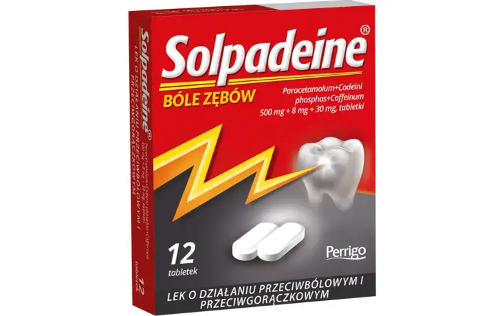 Opakowanie leku Solpadeine na bóle zębów. Zawiera 12 tabletek.