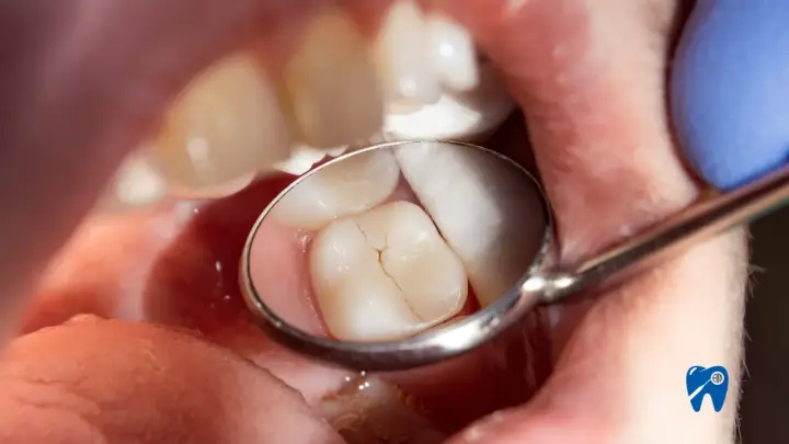 Widok z lusterka dentystycznego na ząb z pękniętą, nieszczelną plombą, która wymaga uwagi.